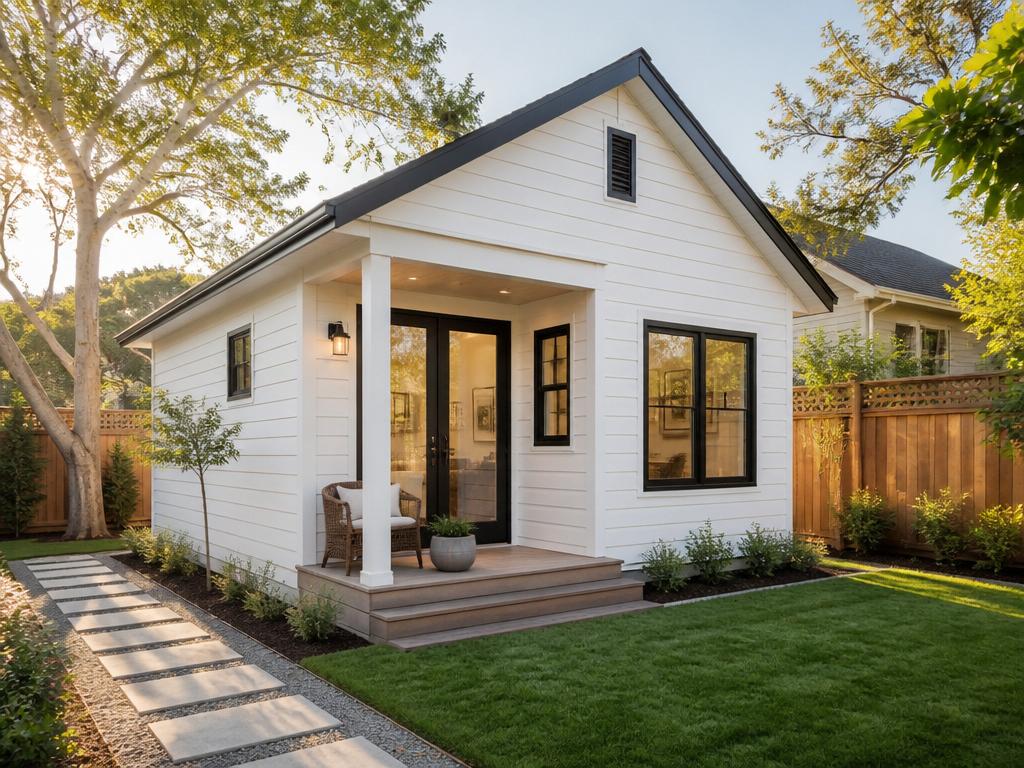 Compact modern ADU structure in a backyard with the main house visible behind it.