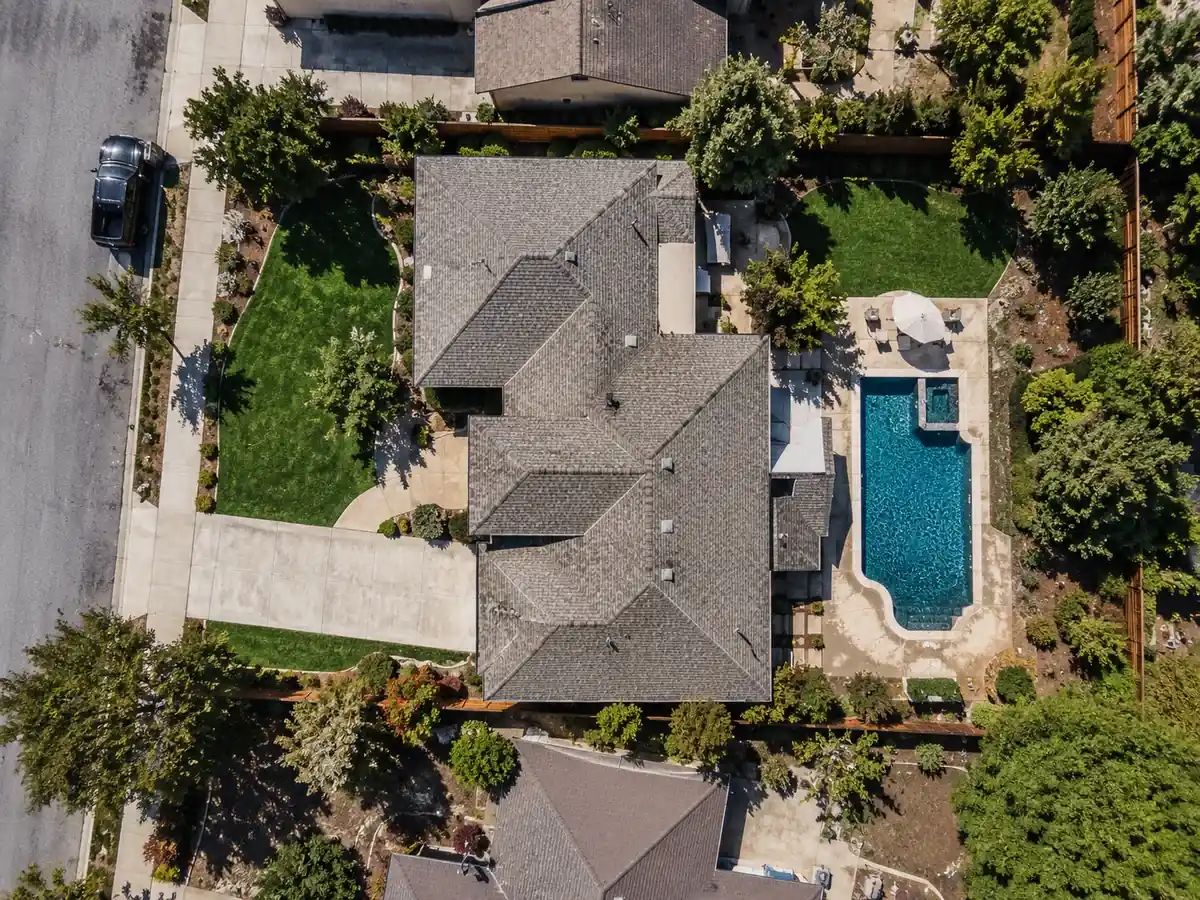 Aerial satellite view of a residential neighborhood
