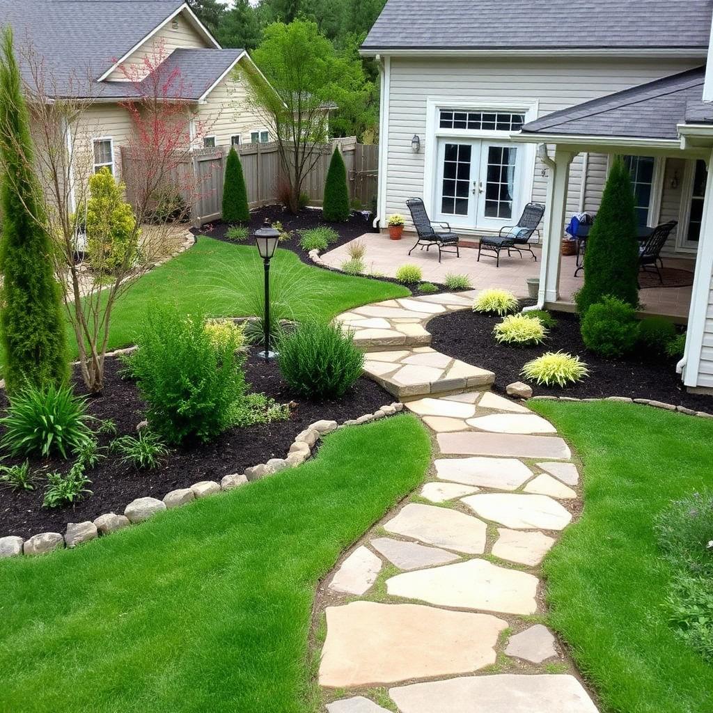 Aerial view of a finished backyard with a pool, pergola, and mature landscaping on a residential lot.