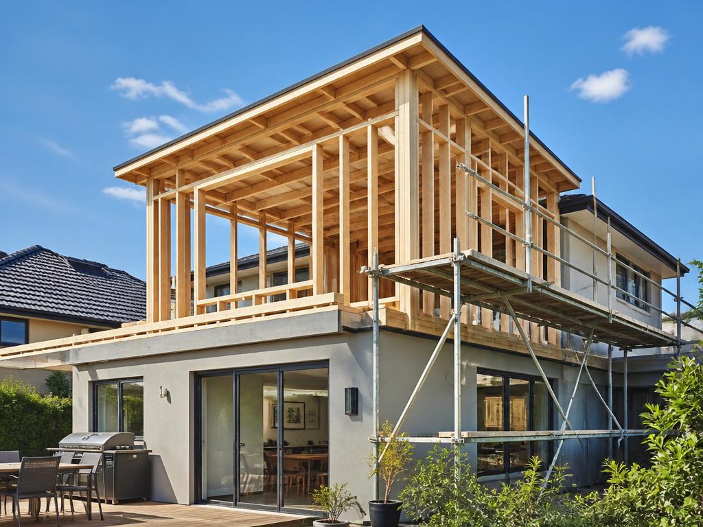 Suburban home with a second-story wooden frame addition and scaffolding under a clear blue sky.