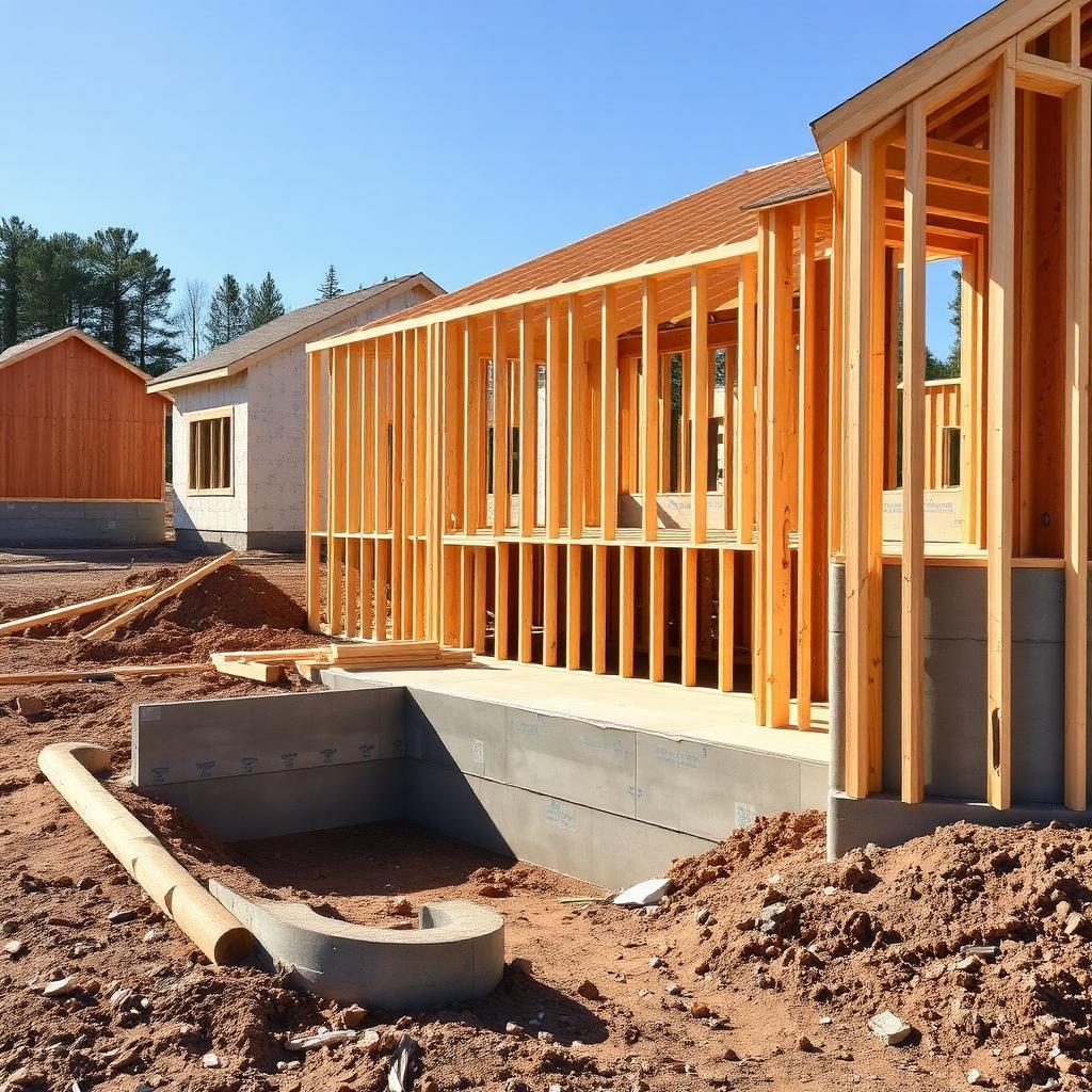 Aerial view of a custom home under construction with framing visible on a large residential lot.