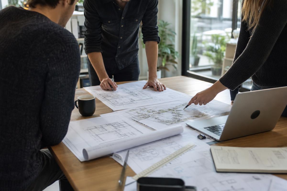 InQI team reviewing site plans and project drawings