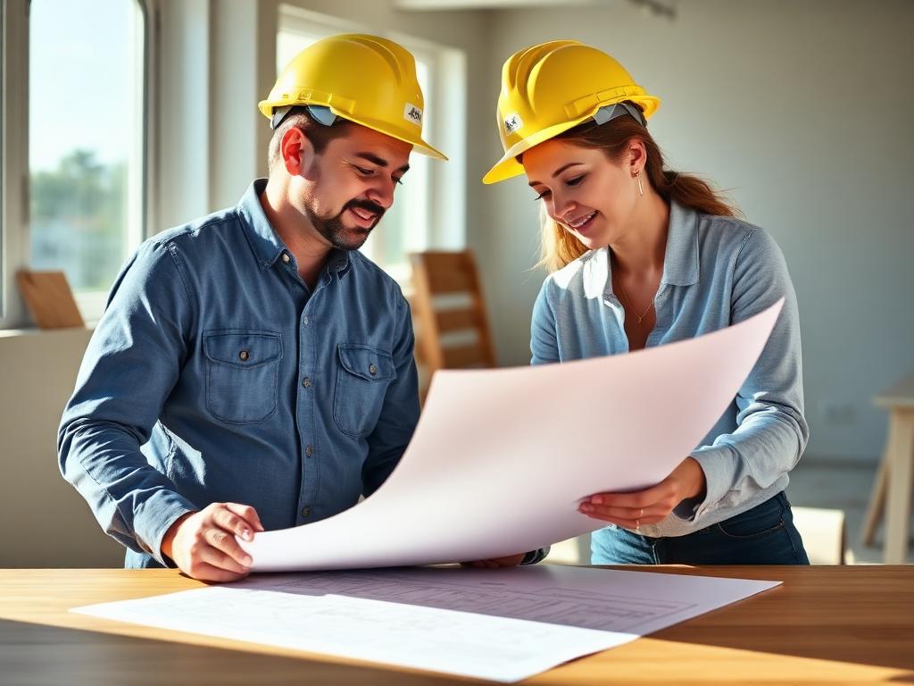 General contractor reviewing plans on a job site with crew working in the background.