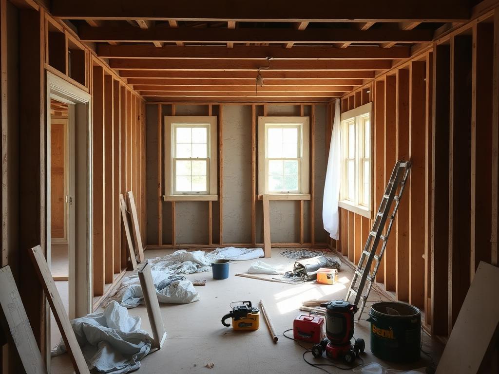 Homeowner reviewing renovation plans at a table with construction visible through the window.