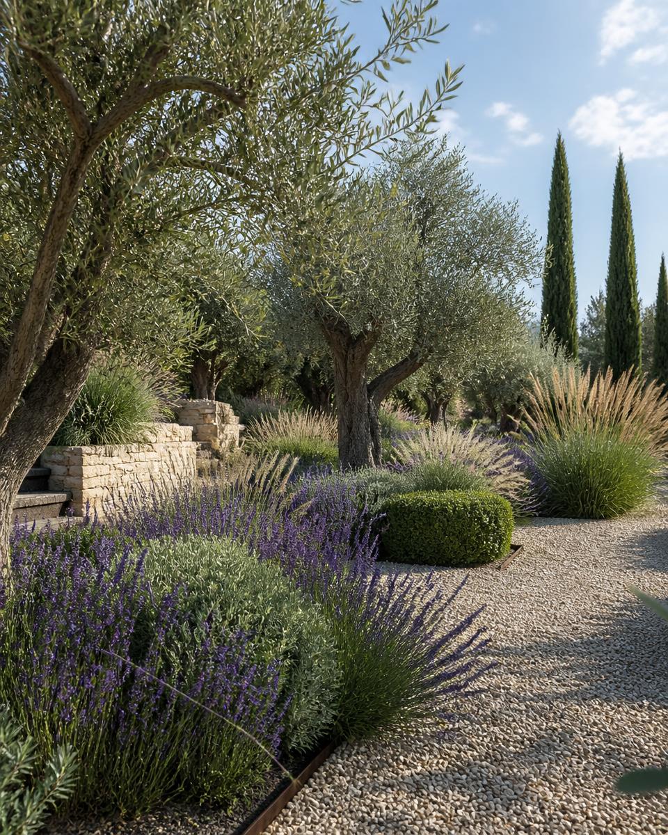 Mediterranean planting beds render with structured beds and clean lines